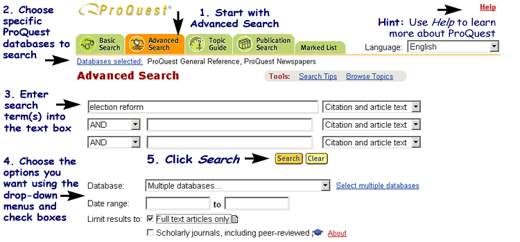 Screenshot of ProQuest Advanced Search interface.